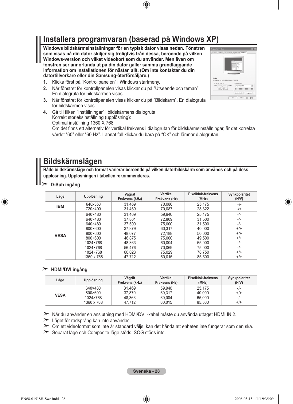 Installera programvaran (baserad på windows xp), Bildskärmslägen | Samsung BN68-01518H-00 User Manual | Page 65 / 177