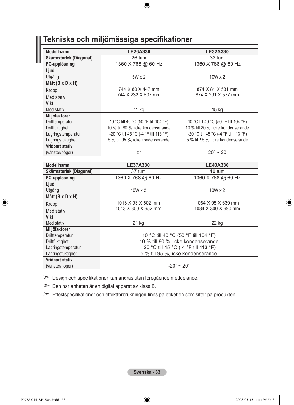 Tekniska och miljömässiga specifikationer | Samsung BN68-01518H-00 User Manual | Page 70 / 177