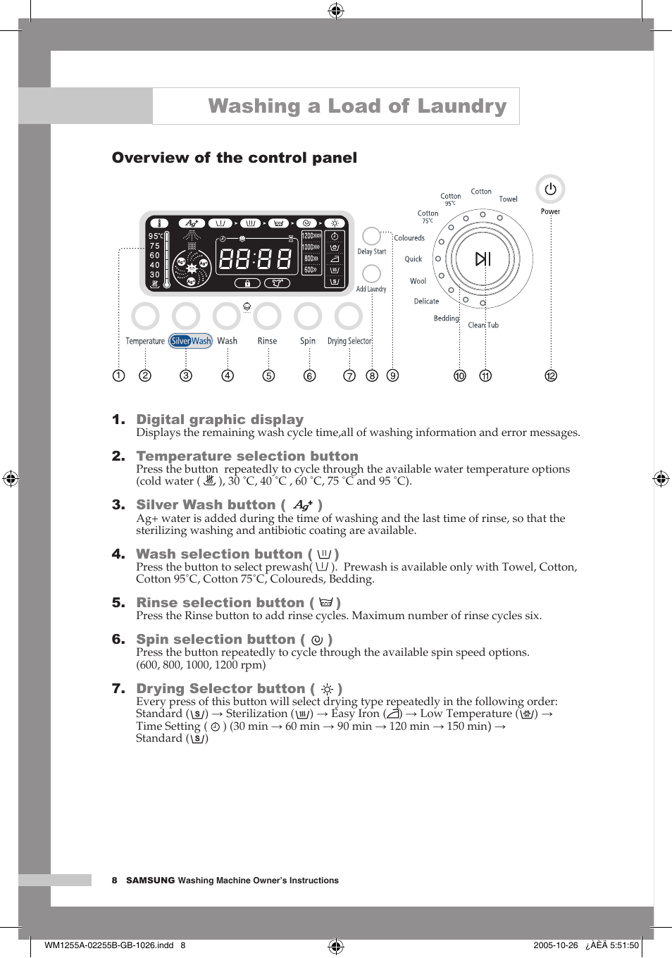 Overview of the control panel, Washing a load of laundry | Samsung WM1255A User Manual | Page 10 / 24