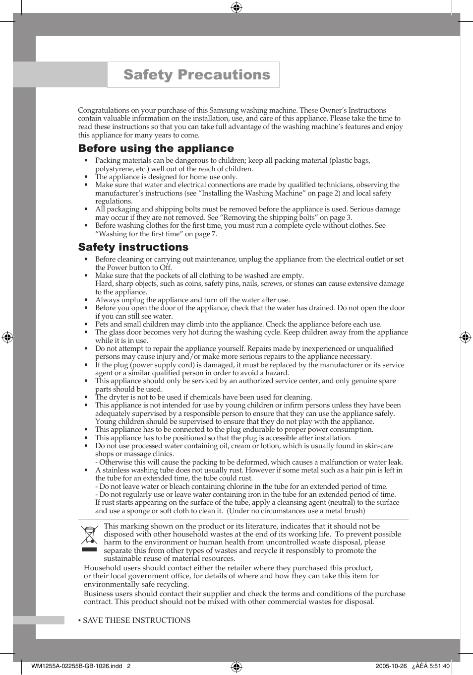 Safety precautions, Before using the appliance, Safety instructions | Samsung WM1255A User Manual | Page 2 / 24