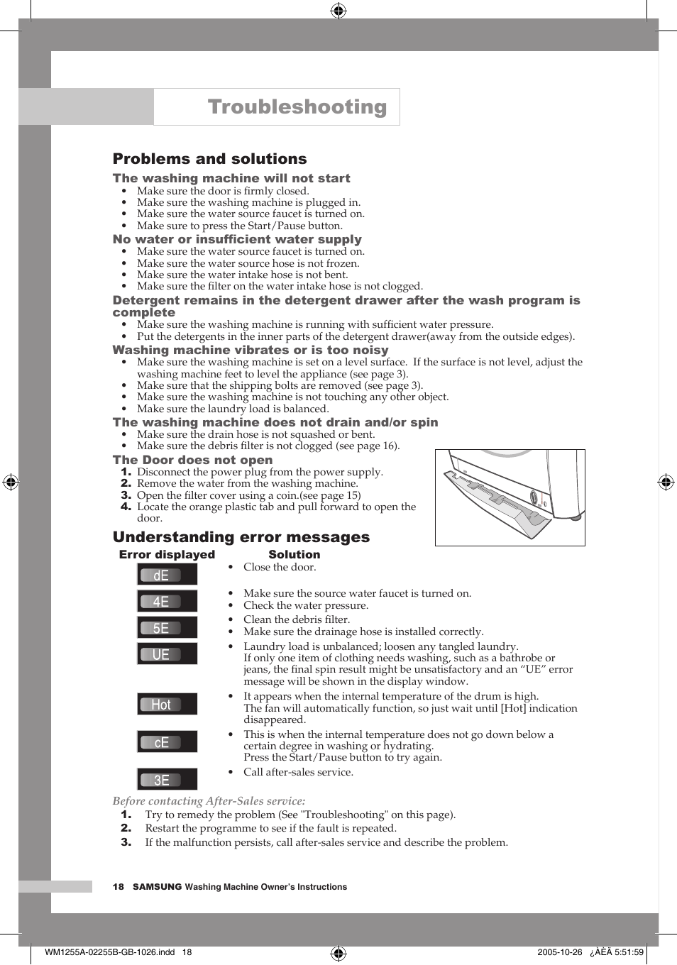 Troubleshooting, Problems and solutions, Understanding error messages | Samsung WM1255A User Manual | Page 20 / 24