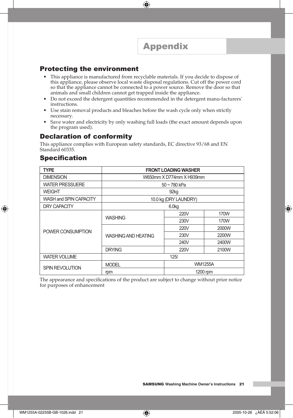 Specification, Appendix, Protecting the environment | Declaration of conformity, Speciﬁcation | Samsung WM1255A User Manual | Page 23 / 24