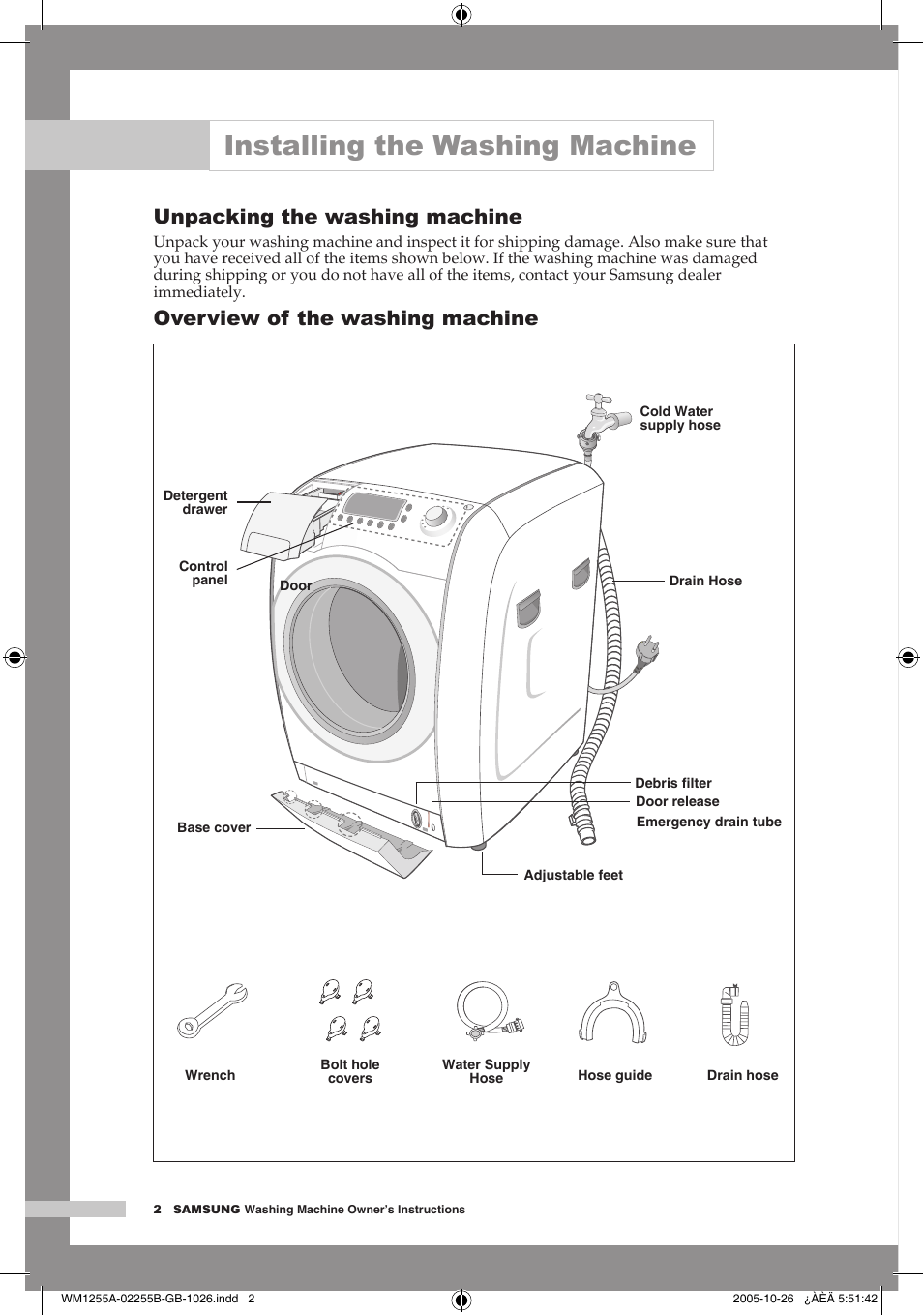 Installing the washing machine, Unpacking the washing machine, Overview of the washing machine | Samsung WM1255A User Manual | Page 4 / 24