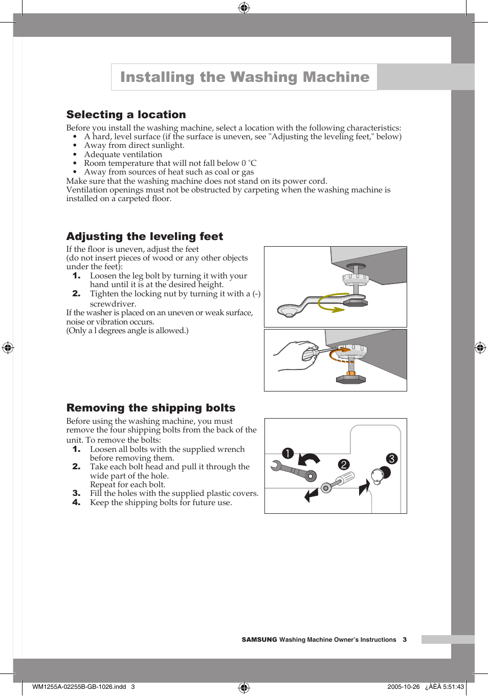 Selecting a location, Adjusting the leveling feet, Removing the shipping bolts | Installing the washing machine | Samsung WM1255A User Manual | Page 5 / 24