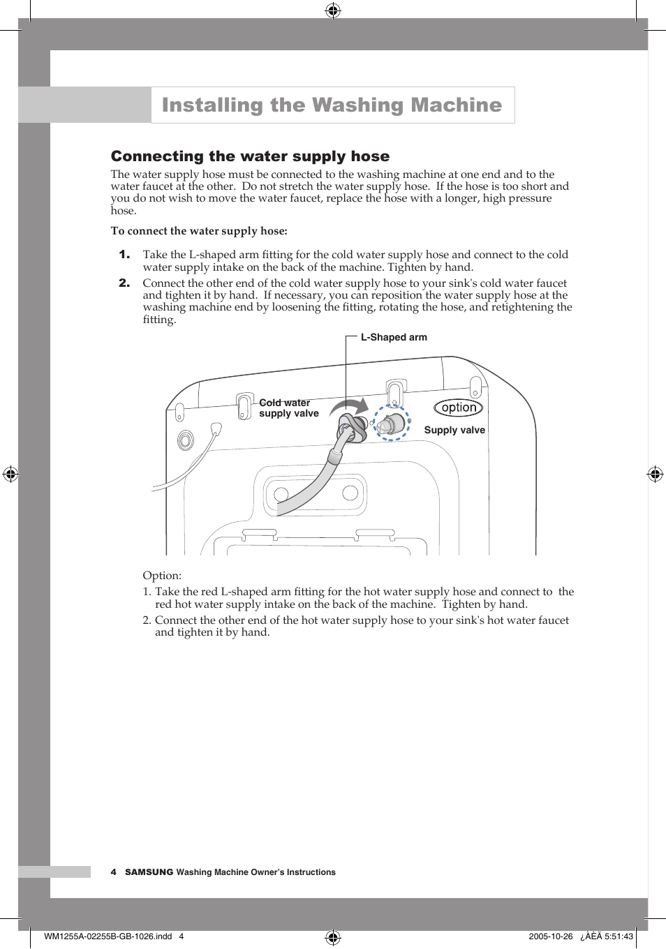 Connecting the water supply hose, Installing the washing machine | Samsung WM1255A User Manual | Page 6 / 24