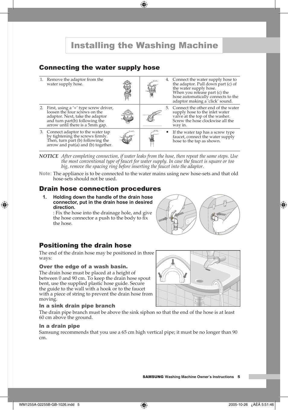 Connecting the water supply hose, Drain hose connection procedures, Positioning the drain hose | Installing the washing machine | Samsung WM1255A User Manual | Page 7 / 24