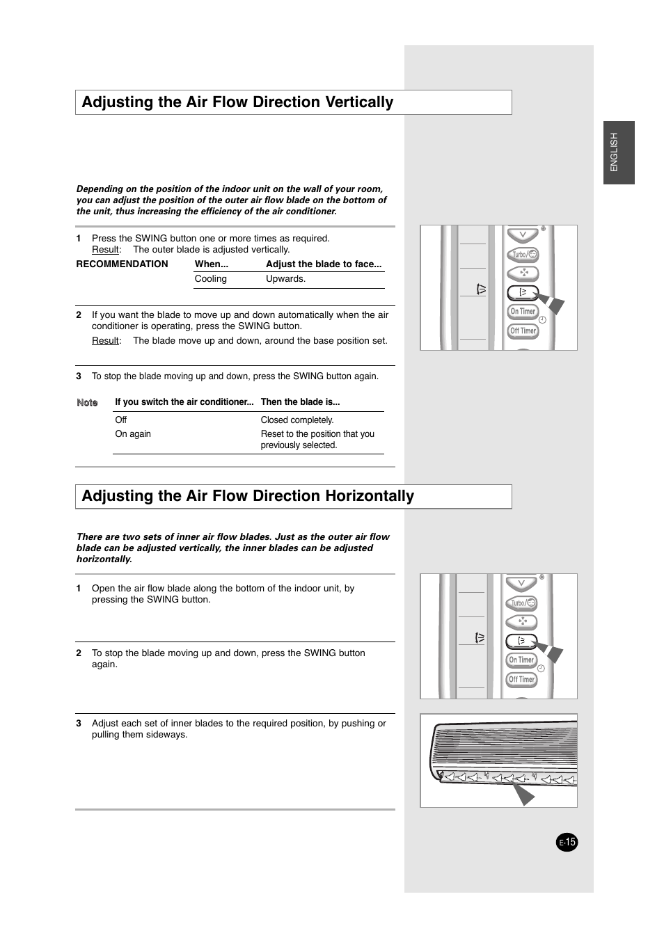 Adjusting the air flow direction vertically, Adjusting the air flow direction horizontally | Samsung A6 User Manual | Page 15 / 46