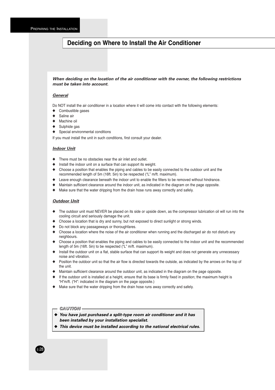 Deciding on where to install the air conditioner | Samsung A6 User Manual | Page 28 / 46