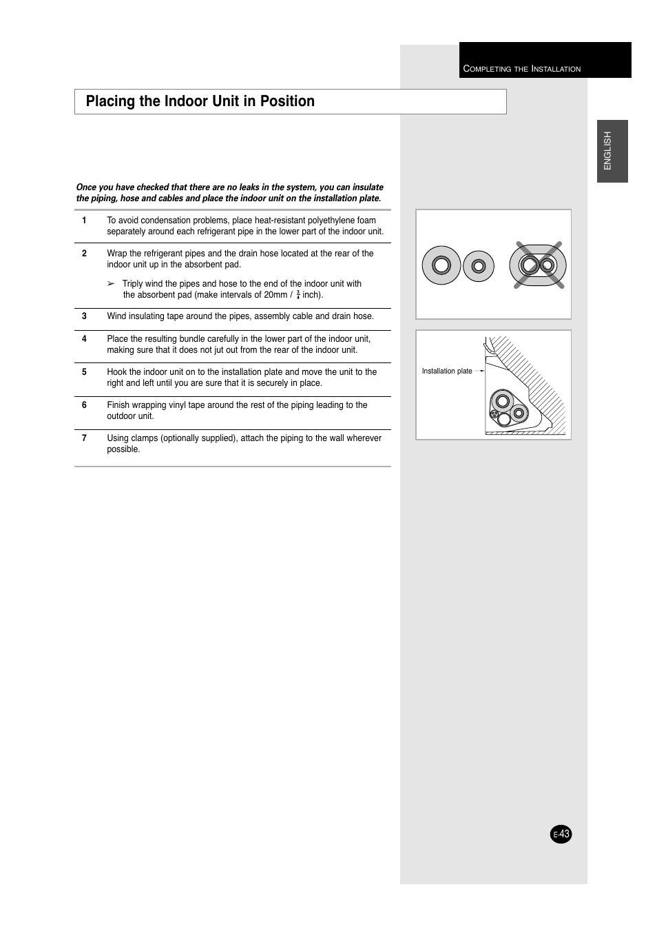 Placing the indoor unit in position | Samsung A6 User Manual | Page 43 / 46