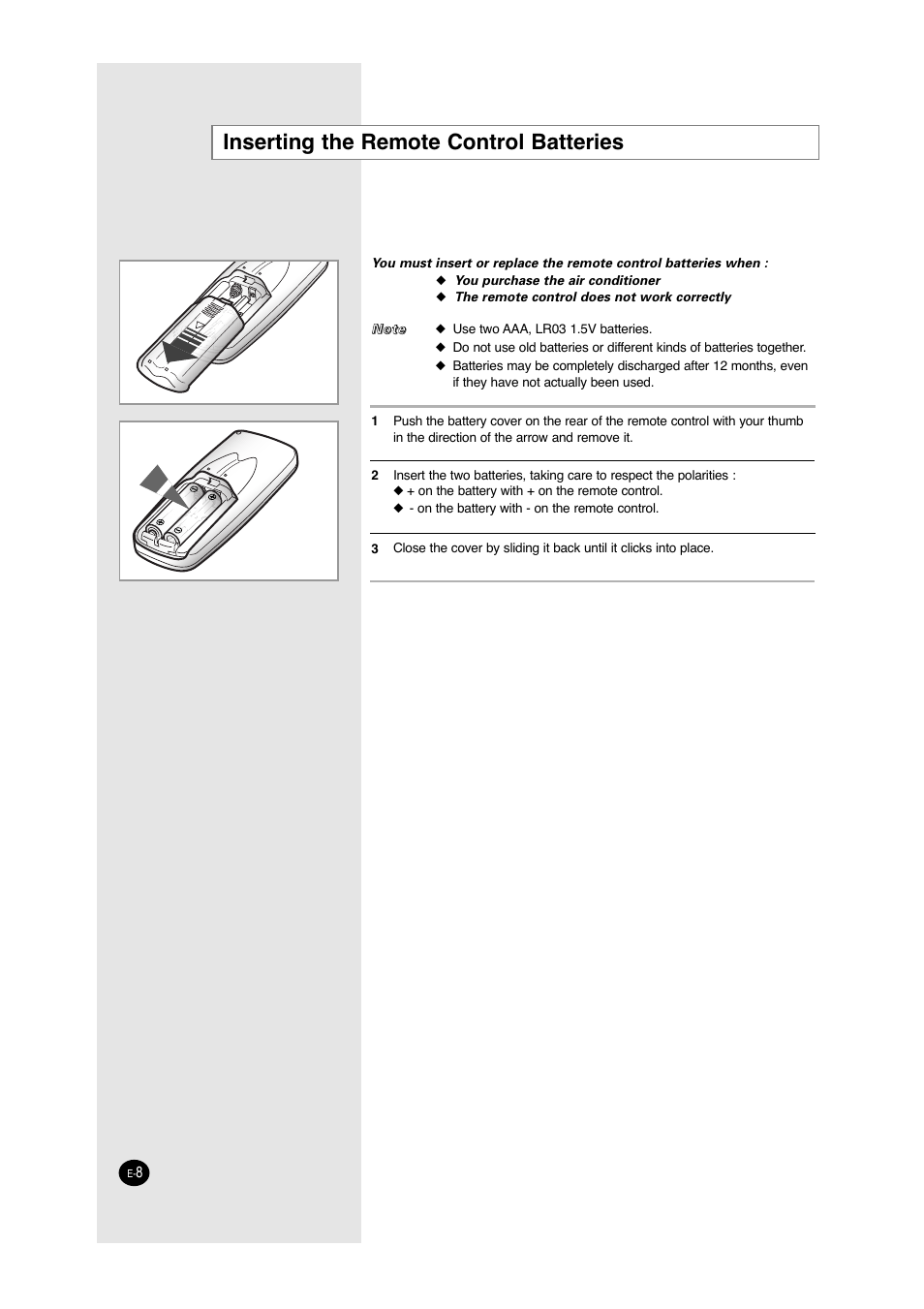 Inserting the remote control batteries | Samsung A6 User Manual | Page 8 / 46
