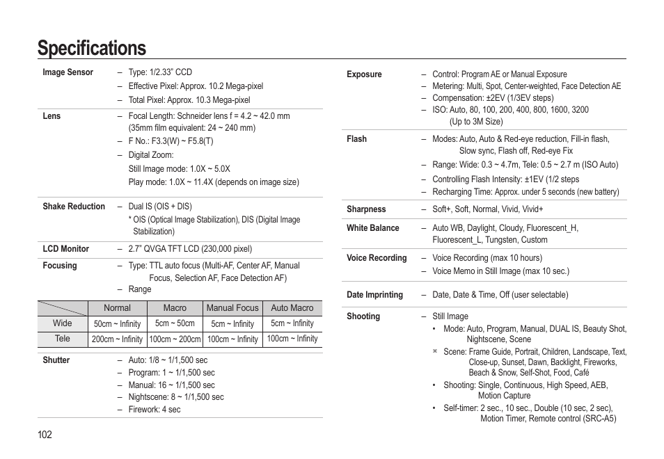 Specià cations | Samsung WB500 User Manual | Page 103 / 114