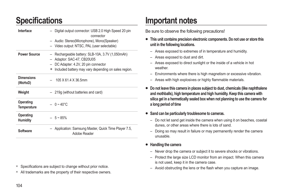 Specià cations | Samsung WB500 User Manual | Page 105 / 114