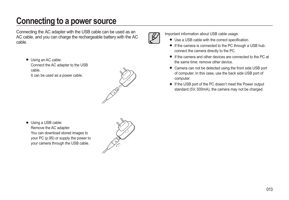 Connecting to a power source | Samsung WB500 User Manual | Page 14 / 114