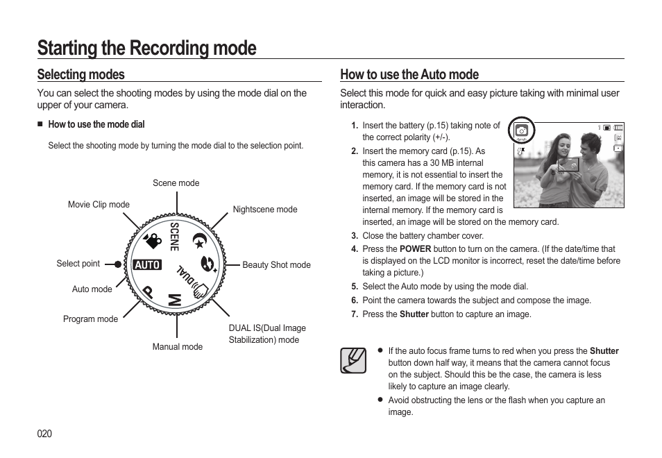 Starting the recording mode, How to use the auto mode, Selecting modes | Samsung WB500 User Manual | Page 21 / 114