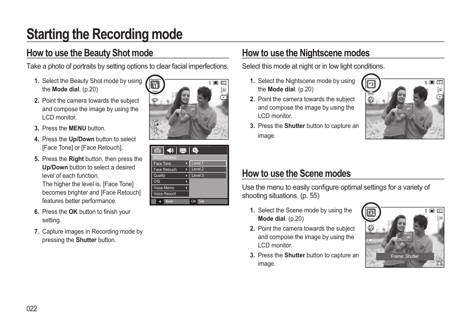 Starting the recording mode, How to use the beauty shot mode, How to use the nightscene modes | How to use the scene modes | Samsung WB500 User Manual | Page 23 / 114