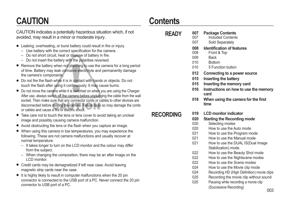 Caution contents, Ready recording | Samsung WB500 User Manual | Page 4 / 114