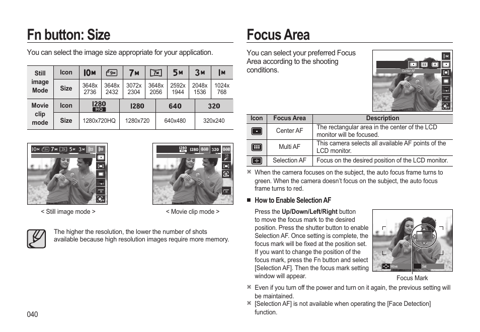 Fn button: size focus area | Samsung WB500 User Manual | Page 41 / 114