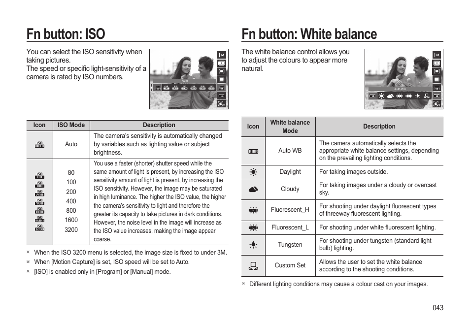 Fn button: iso fn button: white balance | Samsung WB500 User Manual | Page 44 / 114