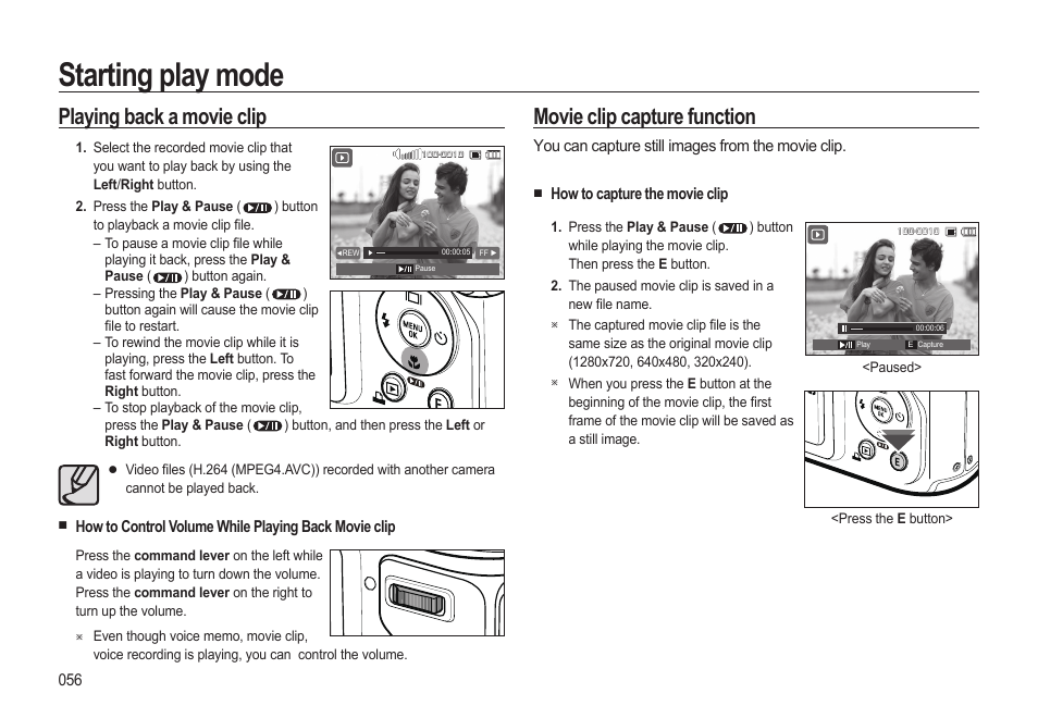 Starting play mode, Playing back a movie clip, Movie clip capture function | Samsung WB500 User Manual | Page 57 / 114