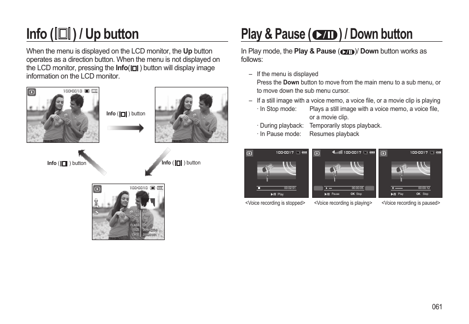 Info ( ) / up button, Play & pause ( ) / down button | Samsung WB500 User Manual | Page 62 / 114