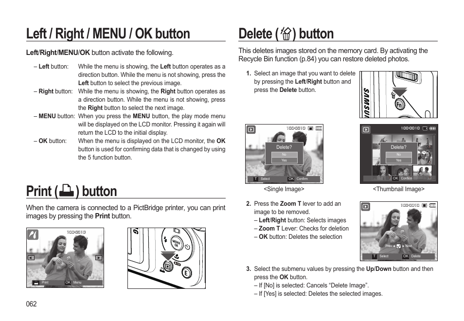 Delete ( ) button, Left / right / menu / ok button, Print ( ) button | Samsung WB500 User Manual | Page 63 / 114