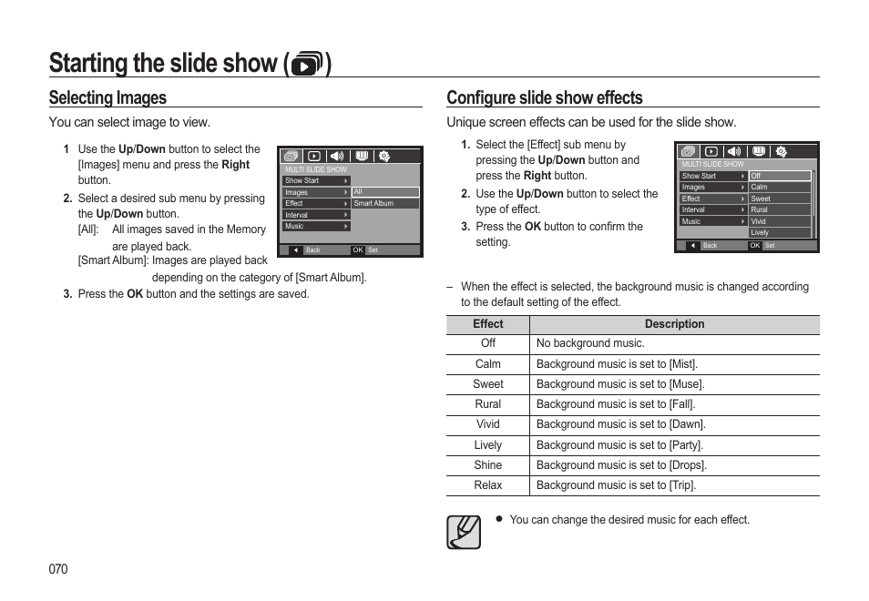 Starting the slide show ( ), Selecting images, Conà gure slide show effects | Samsung WB500 User Manual | Page 71 / 114