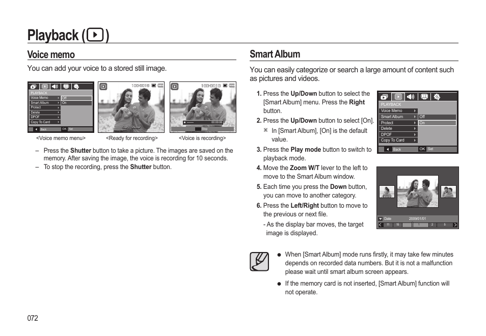 Playback ( ), Smart album, You can add your voice to a stored still image | Samsung WB500 User Manual | Page 73 / 114