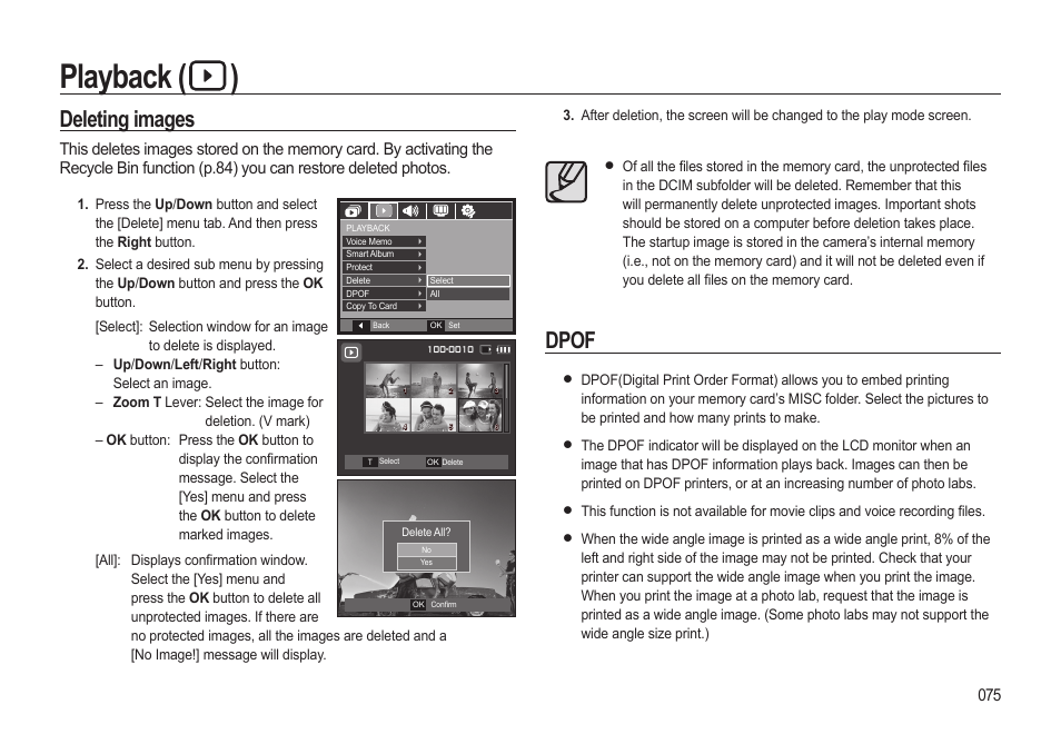 Playback ( ), Deleting images, Dpof | Samsung WB500 User Manual | Page 76 / 114