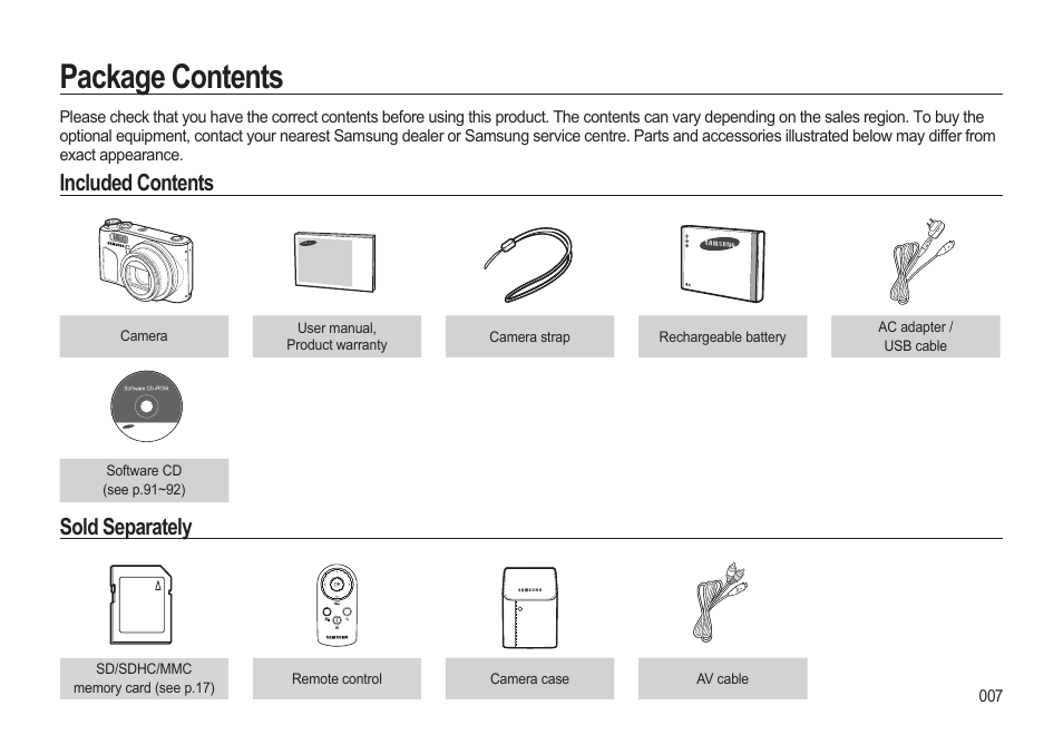 Package contents, Included contents, Sold separately | Samsung WB500 User Manual | Page 8 / 114