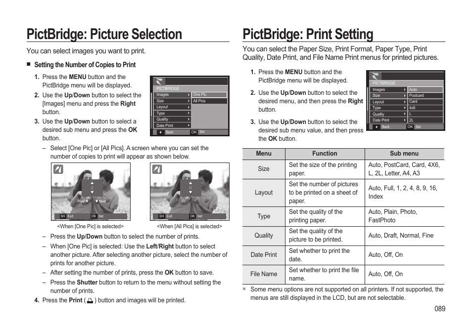 Pictbridge: picture selection, Pictbridge: print setting, You can select images you want to print | Setting the number of copies to print | Samsung WB500 User Manual | Page 90 / 114