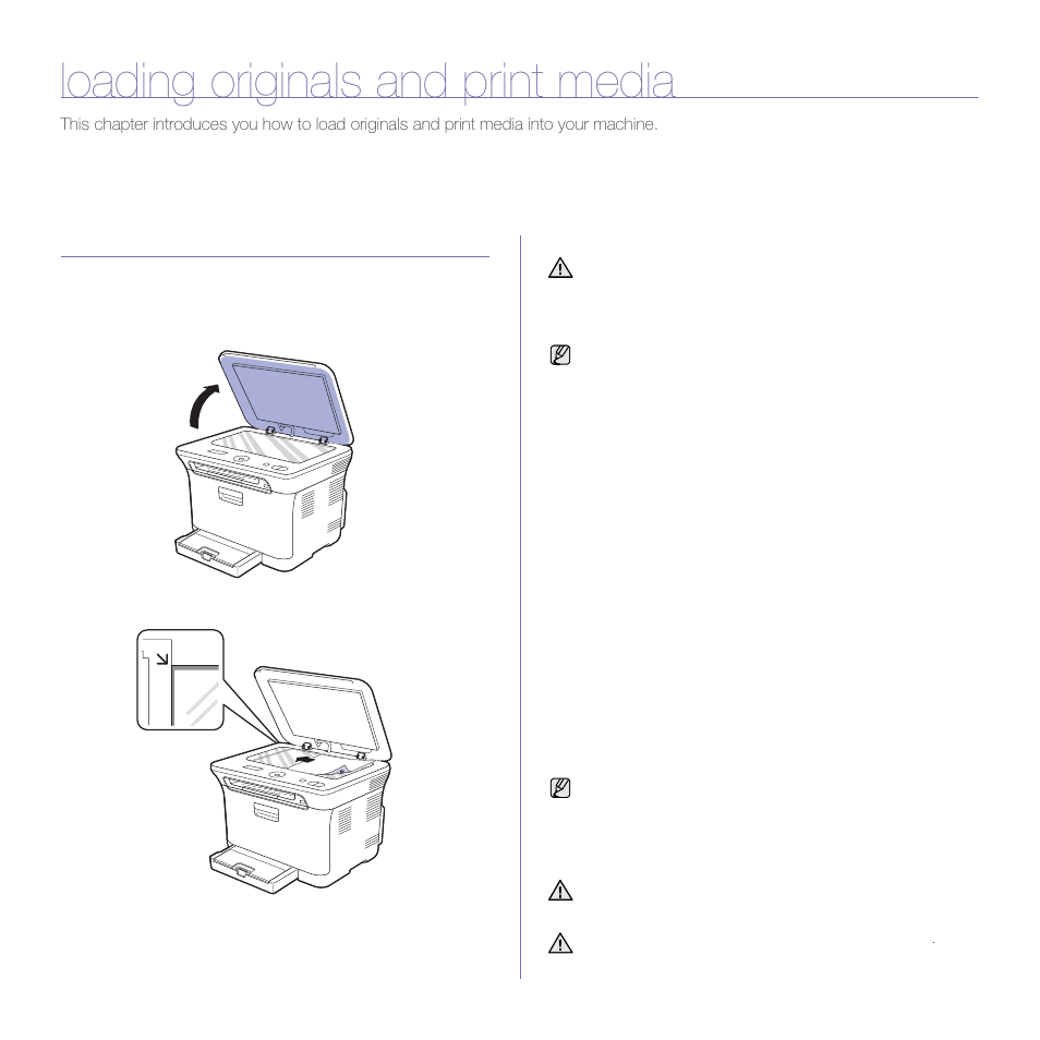 Loading originals and print media, Loading originals, On the scanner glass | Selecting print media, 30 loading originals, 30 selecting print media | Samsung CLX-3175FW User Manual | Page 127 / 220