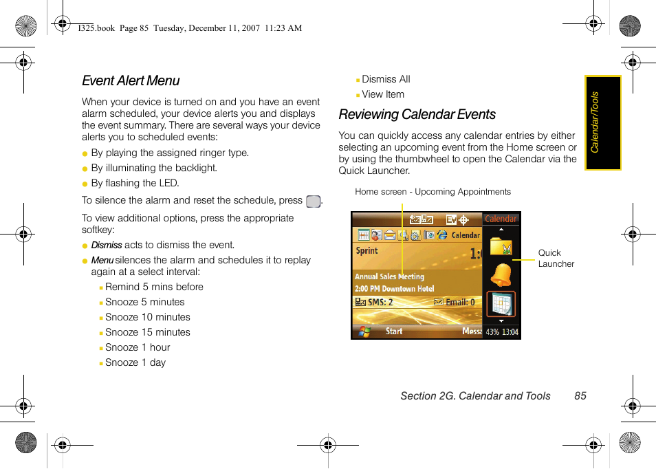 Event alert menu, Reviewing calendar events | Samsung ACE User Manual | Page 100 / 210