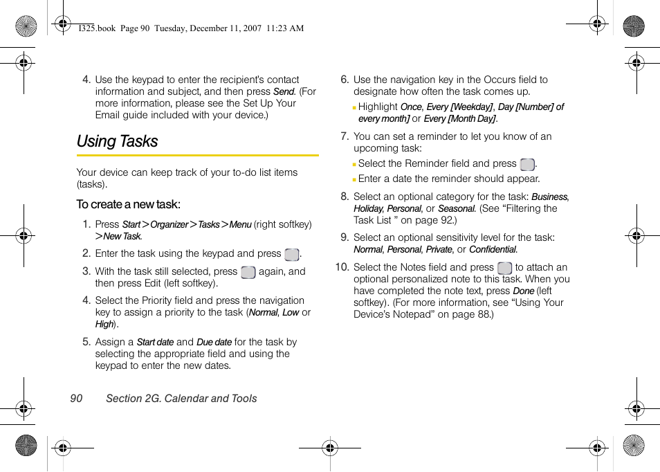 Using tasks, To create a new task | Samsung ACE User Manual | Page 105 / 210