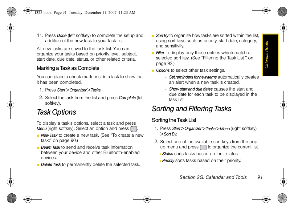 Marking a task as complete, Task options, Sorting and filtering tasks | Samsung ACE User Manual | Page 106 / 210