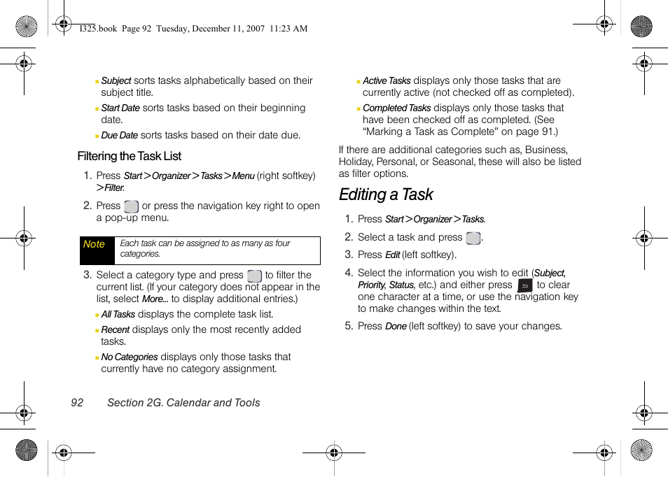 Filtering the task list, Editing a task, Filtering the | Samsung ACE User Manual | Page 107 / 210