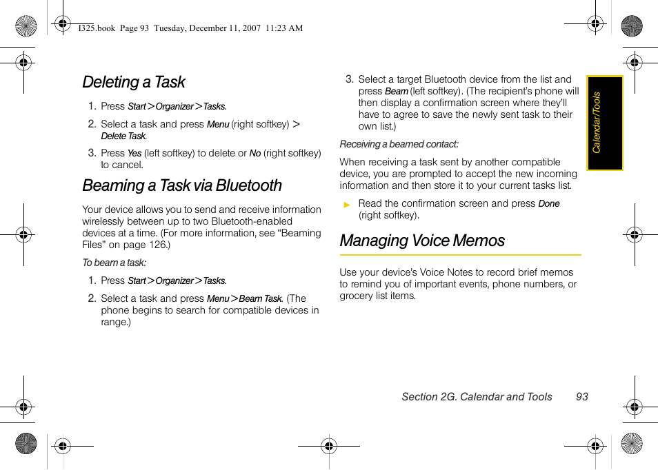 Deleting a task, Beaming a task via bluetooth, Managing voice memos | Samsung ACE User Manual | Page 108 / 210