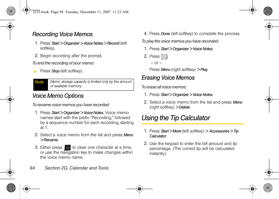 Recording voice memos, Voice memo options, Erasing voice memos | Using the tip calculator | Samsung ACE User Manual | Page 109 / 210