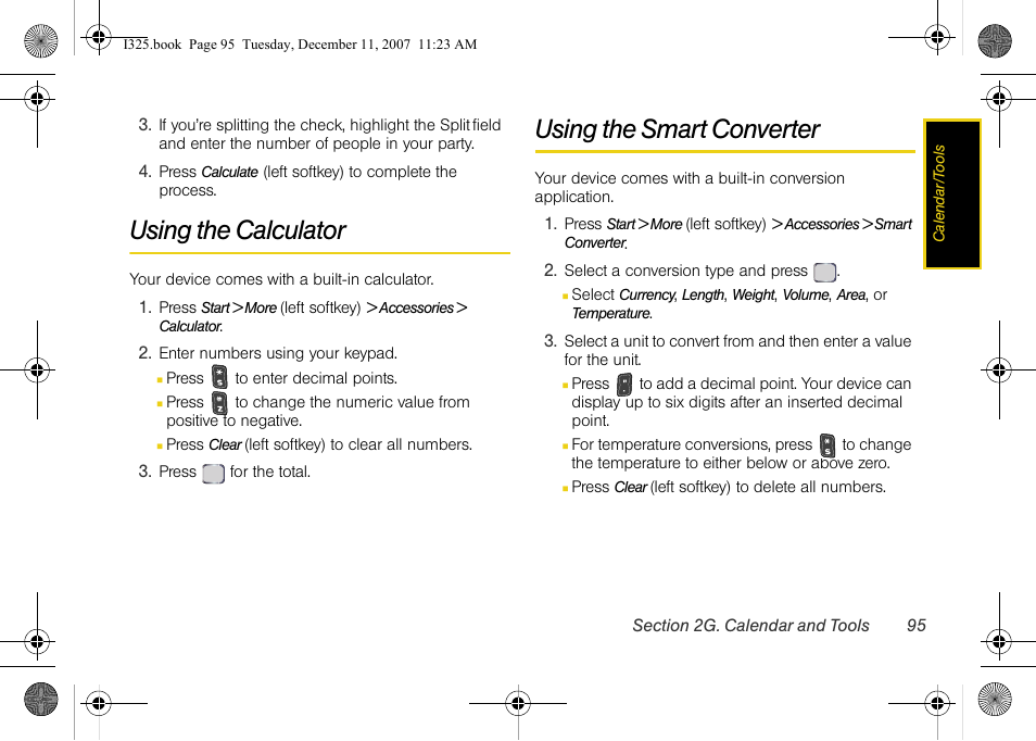 Using the calculator, Using the smart converter | Samsung ACE User Manual | Page 110 / 210