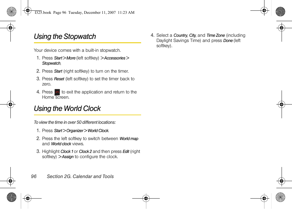 Using the stopwatch, Using the world clock | Samsung ACE User Manual | Page 111 / 210