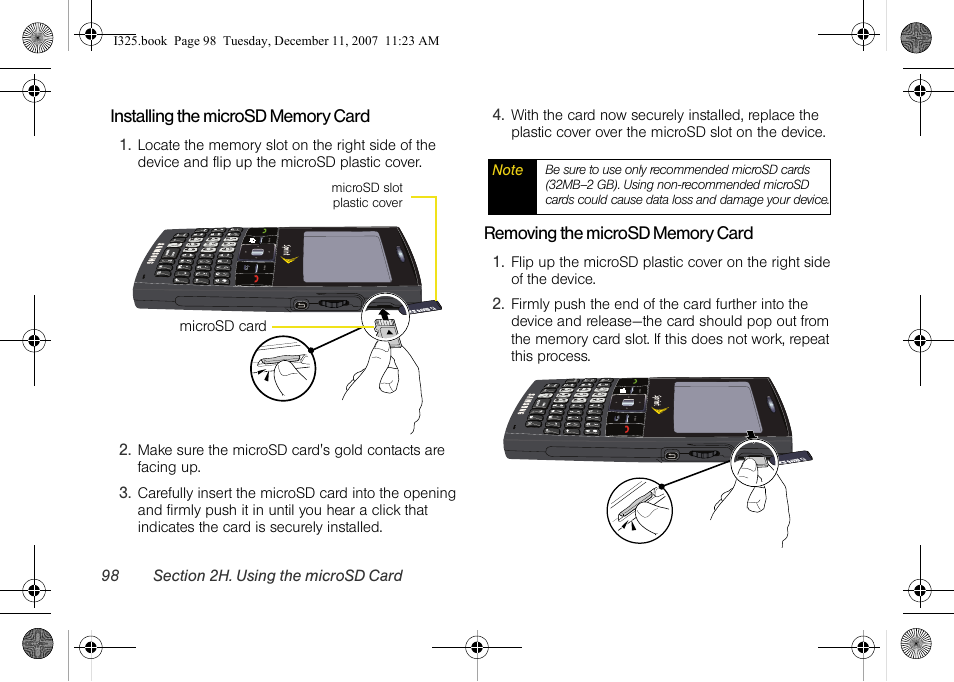 Installing the microsd memory card, Removing the microsd memory card | Samsung ACE User Manual | Page 113 / 210