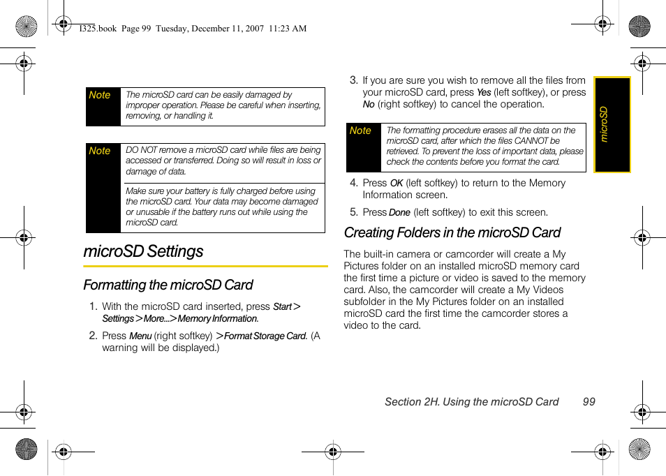 Microsd settings, Formatting the microsd card, Creating folders in the microsd card | Samsung ACE User Manual | Page 114 / 210