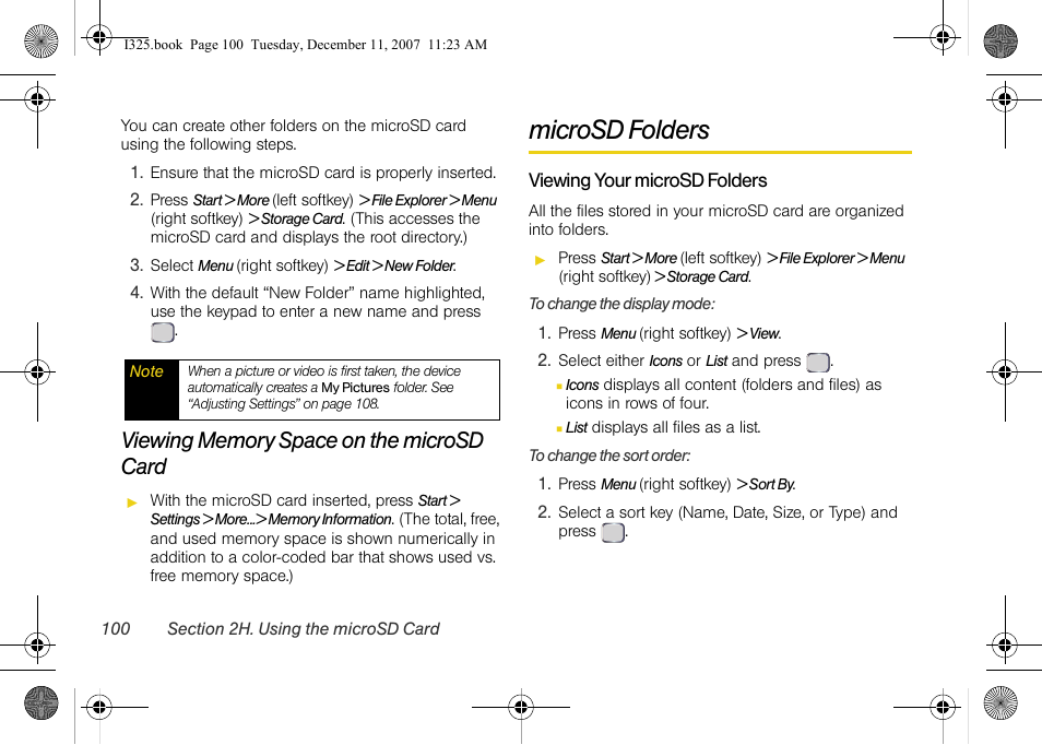 Viewing memory space on the microsd card, Microsd folders, Viewing your microsd folders | Samsung ACE User Manual | Page 115 / 210