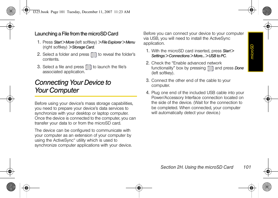 Launching a file from the microsd card, Connecting your device to your computer, Connecting your device to | Your computer | Samsung ACE User Manual | Page 116 / 210