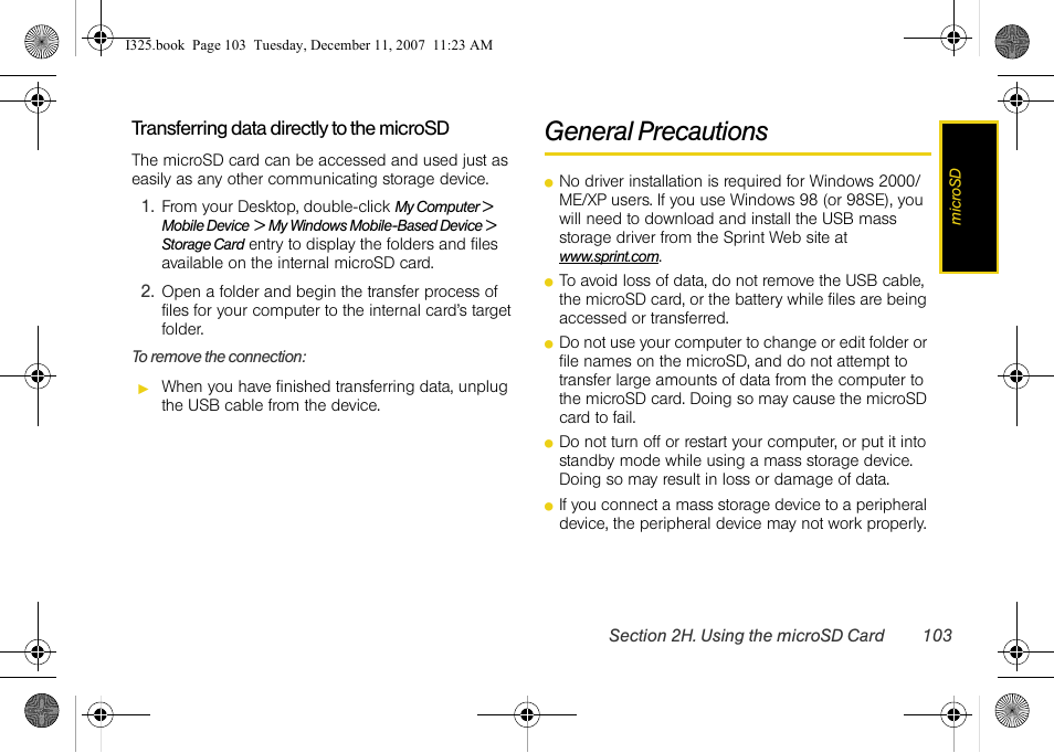 Transferring data directly to the microsd, General precautions | Samsung ACE User Manual | Page 118 / 210