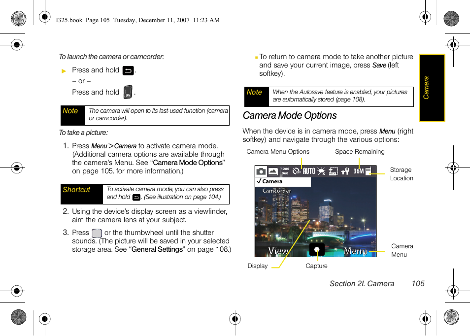 Camera mode options, Auto, View | View menu menu | Samsung ACE User Manual | Page 120 / 210