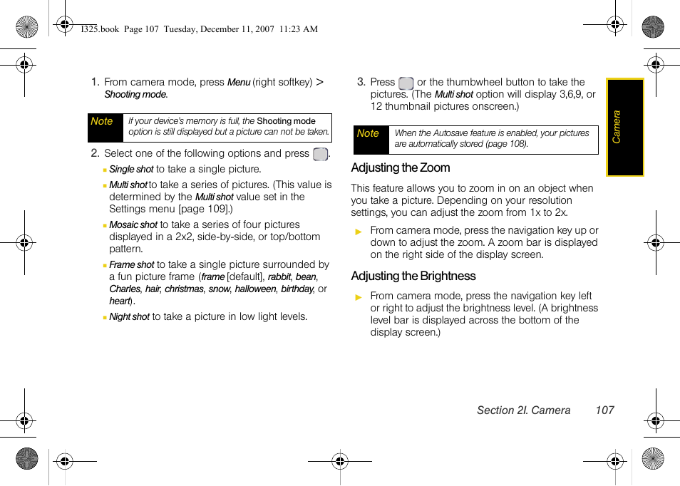 Adjusting the zoom, Adjusting the brightness | Samsung ACE User Manual | Page 122 / 210