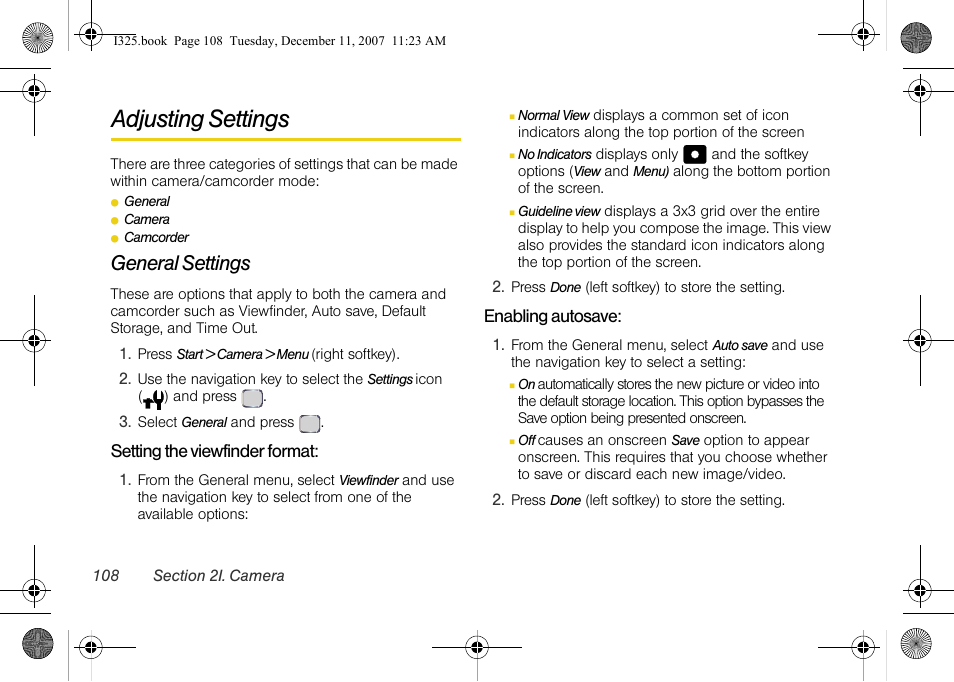 Adjusting settings, General settings, Setting the viewfinder format | Enabling autosave | Samsung ACE User Manual | Page 123 / 210