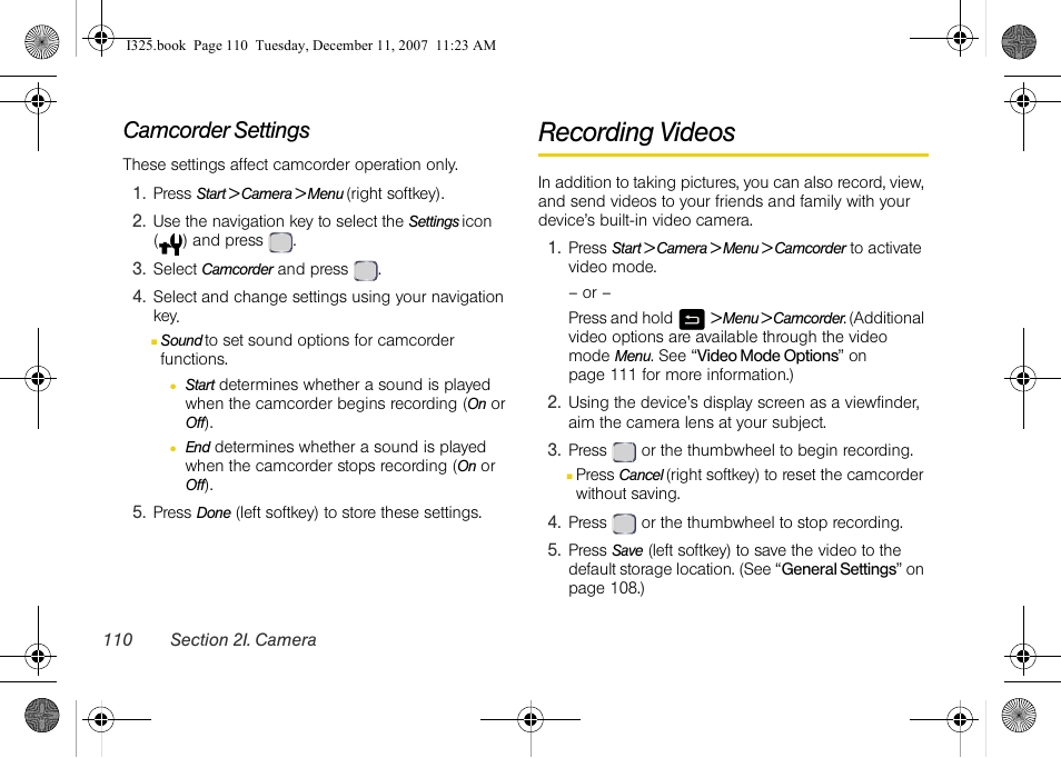 Camcorder settings, Recording videos | Samsung ACE User Manual | Page 125 / 210