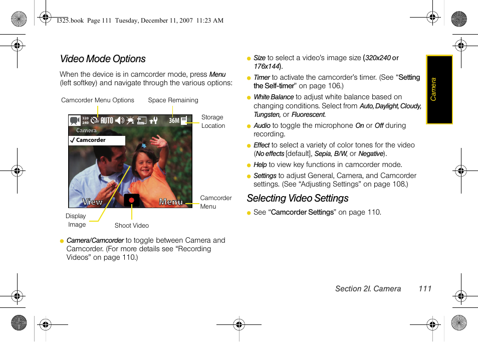 Video mode options, Selecting video settings, See “video mode options” on | Auto, View, View menu menu | Samsung ACE User Manual | Page 126 / 210