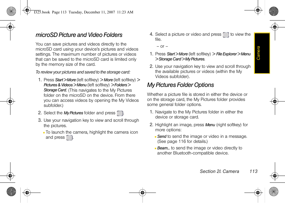 Microsd picture and video folders, My pictures folder options | Samsung ACE User Manual | Page 128 / 210